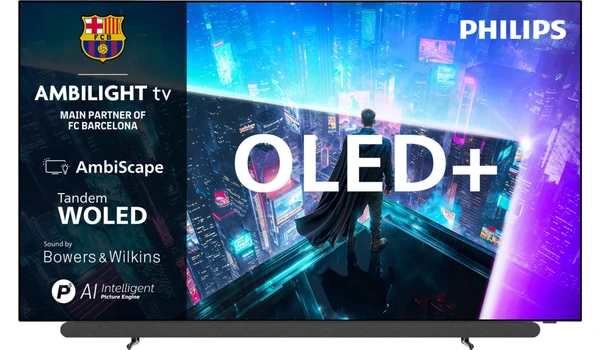 Philips 55OLED911 vu de face, écran OLED+ sur une ville futuriste, logos AmbiScape, Bowers & Wilkins et P5 AI à gauche