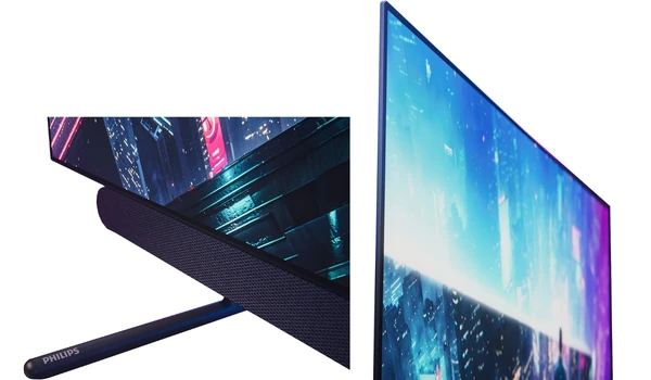 Vue détaillée de la barre audio et d'un pied du Philips 55OLED911, à côté du bord fin de l'écran OLED