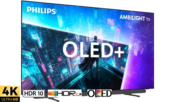 Philips 55OLED911 vu de trois quarts, logos 4K Ultra HD, HDR10, HDR10+ et OLED en bas de l'image