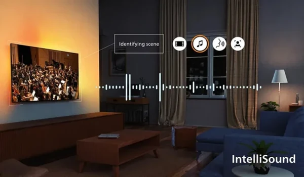 Philips 65OLED851 diffusant un concert d’orchestre dans un salon, détection de la scène par IntelliSound en surimpression