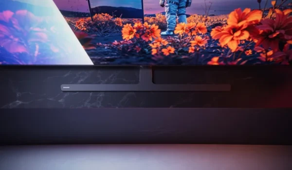 Pied central du téléviseur Philips 65OLED851 posé sur un meuble en marbre sombre, écran allumé sur une image colorée