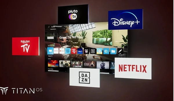 Interface Titan OS du Philips 65OLED851 avec les applications Netflix, Disney+, Pluto TV, Rakuten TV et DAZN