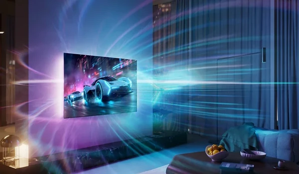 Philips 65OLED951 affichant une course de voitures futuristes, traînées lumineuses autour de l’écran au mur