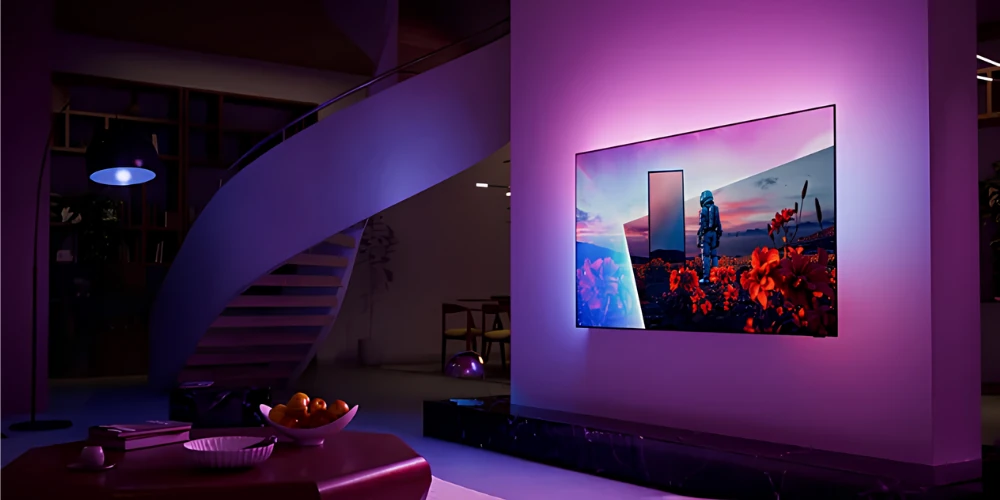 Philips 77OLED851 dans un salon avec escalier en colimaçon, halo lumineux Ambilight violet sur le mur derrière l’écran