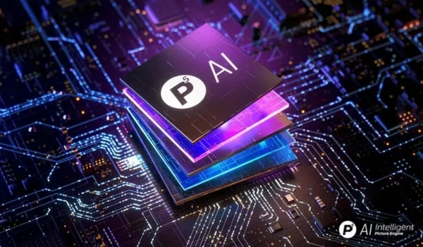 Puce P5 AI du Philips 77OLED851 représentée en couches colorées au-dessus d’un circuit électronique lumineux