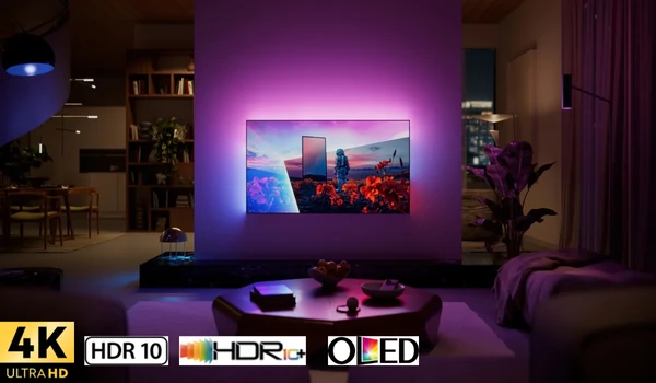 Philips 77OLED851 allumé dans un salon sombre, logos 4K Ultra HD, HDR10, HDR10+ et OLED en bas de l’image