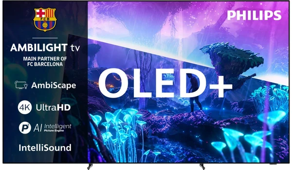 Face avant du téléviseur Philips 77OLED951 avec les logos Ambilight, AmbiScape, 4K Ultra HD, P5 AI et IntelliSound
