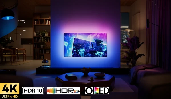 Philips 77OLED951 allumé dans un salon sombre avec Ambilight, logos 4K Ultra HD, HDR10, HDR10+ et OLED