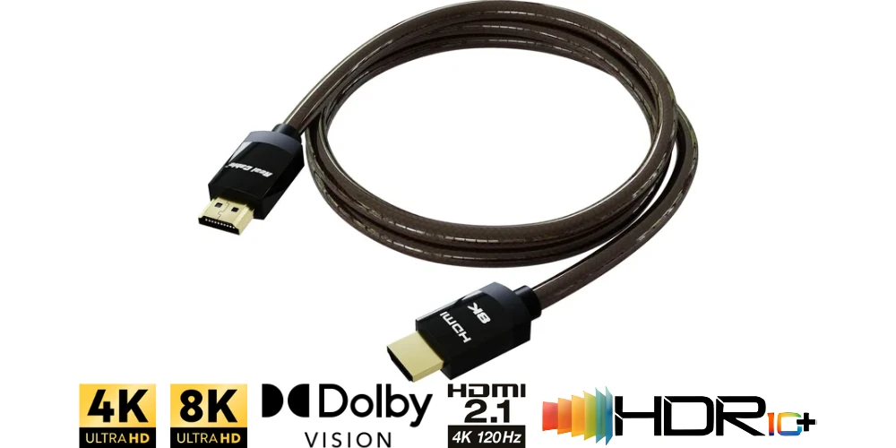 Câble Real Cable HD-E48 2.1 enroulé, gaine tressée brune, avec logos 4K, 8K, Dolby Vision, HDMI 2.1 4K 120 Hz, HDR10+
