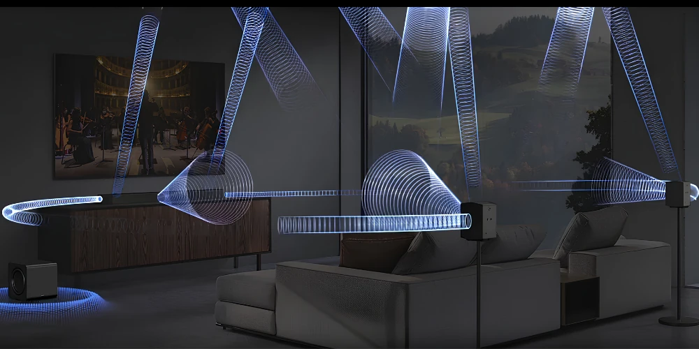 Samsung HW-Q995H dans un salon : barre sous le téléviseur, caisson au sol et enceintes arrière sur pieds près du canapé