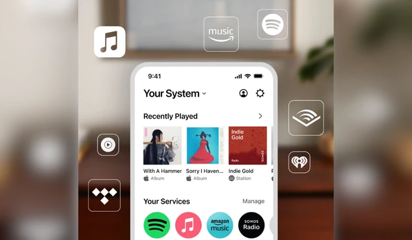 Capture d'écran de l'application Sonos avec la barre Beam Ultra et les services de streaming disponibles.