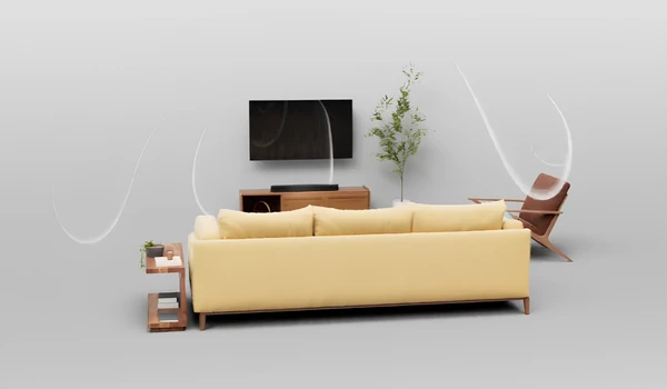 Illustration d'un salon avec la Sonos Beam Ultra noire sous un téléviseur, entourée de courbes représentant le son spatial.