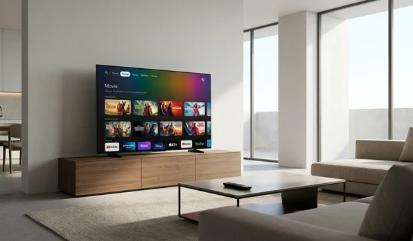 Téléviseur Sony BRAVIA 6 OLED mural affichant l'interface Google TV avec la rubrique films dans un salon lumineux
