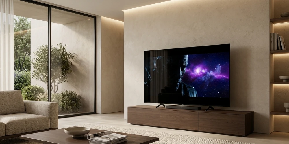 Sony BRAVIA 6 OLED fixé au mur dans un salon chaleureux, meuble en bois massif et scène de film à l'écran