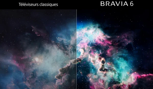 Comparatif entre un téléviseur classique et le Sony BRAVIA 6 OLED sur une image de nébuleuse colorée