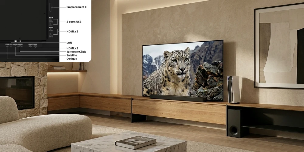 Connectique arrière du Sony BRAVIA 6 OLED avec ports HDMI et USB, associé à une barre de son dans un salon