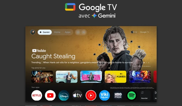 Interface Google TV avec Gemini du Sony BRAVIA 6 OLED affichant la page d'accueil et les applications de streaming