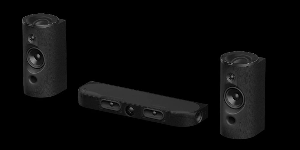  Sony BRAVIA Theatre Trio en studio, deux tours avant et enceinte centrale sur fond noir