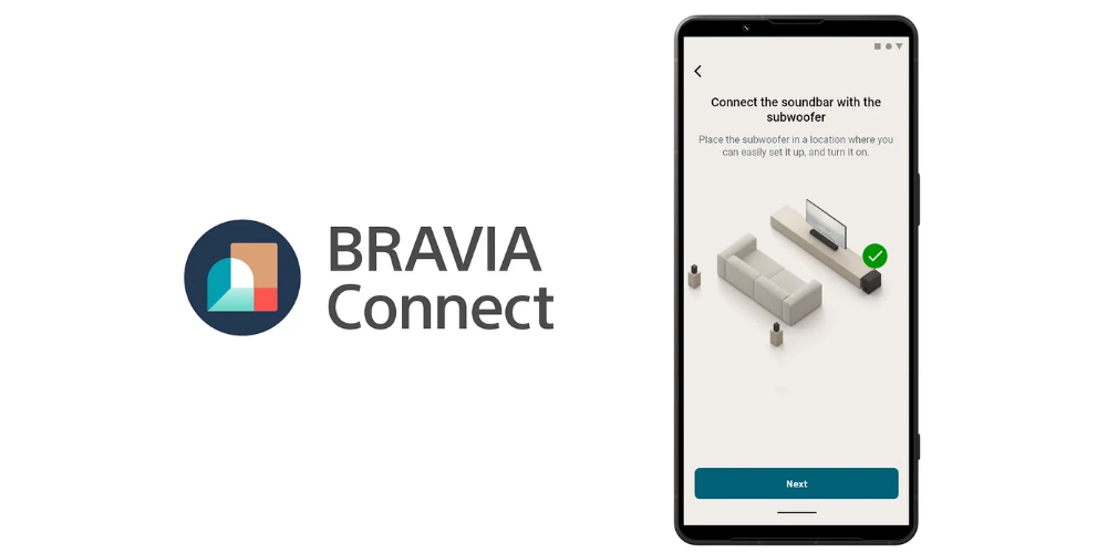 Écran de smartphone avec l'application BRAVIA Connect affichant les étapes de connexion du caisson à la barre de son