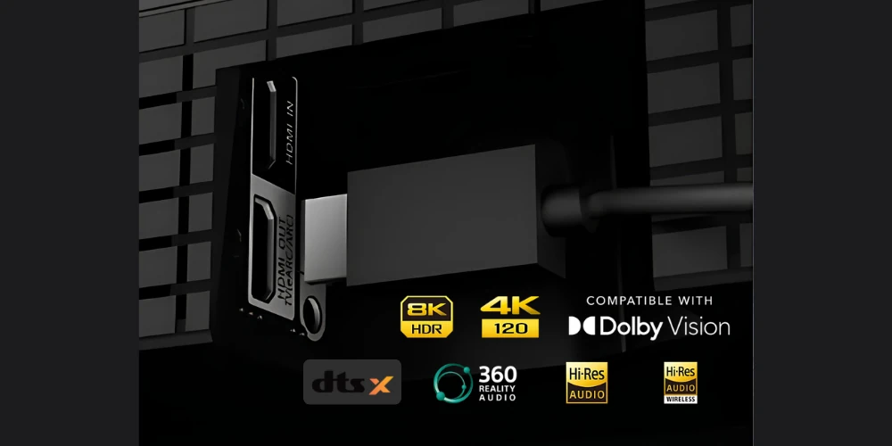 Gros plan sur les ports HDMI IN et HDMI OUT eARC ARC avec badges 8K HDR, 4K120, Dolby Vision, DTS X et 360 Reality Audio