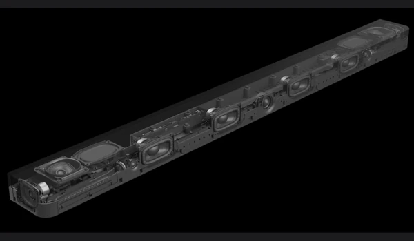 Vue interne en rendu 3D de la barre Sony Bar 9 montrant l'alignement des 13 haut-parleurs intégrés