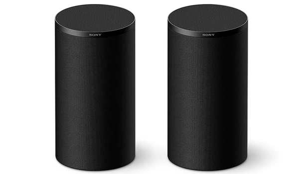  Paire d'enceintes surround Sony Rear 9 noires cylindriques avec logo Sony, posées sur fond blanc