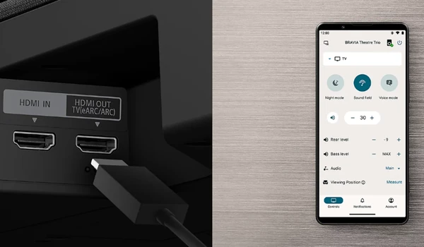  Ports HDMI IN et HDMI OUT eARC ARC en gros plan avec application mobile BRAVIA Theatre Trio ouverte