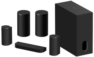 Composition du pack Sony BRAVIA Theatre Trio SR avec barre, quatre enceintes et caisson noir
