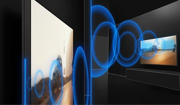 Illustration d'ondes sonores bleues projetées depuis un téléviseur Sony BRAVIA 7 II dans une pièce.