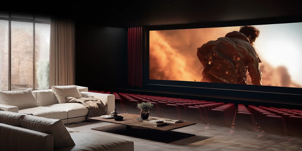 Salon home cinéma avec téléviseur Sony BRAVIA 7 II 98 pouces affichant une scène d'action intense.