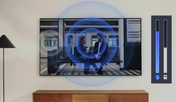 Téléviseur Sony BRAVIA 7 II affichant une conversation, avec indicateur sonore isolant les voix du bruit ambiant.