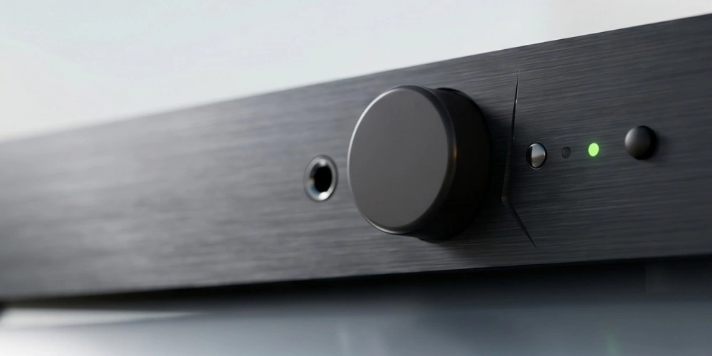 Façade du StormAudio Evo One en gros plan : bouton de volume, prise casque jack 6,35 mm, touches et voyant de mise en marche
