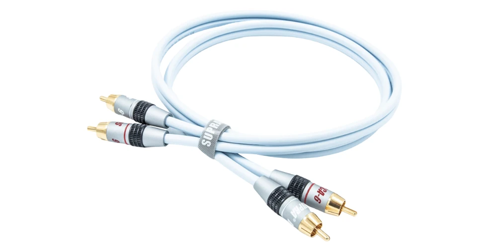 Câble audio Supra Dual 2RCA-2RCA enroulé, gaine bleu clair, connecteurs RCA-6 dorés aux deux extrémités.