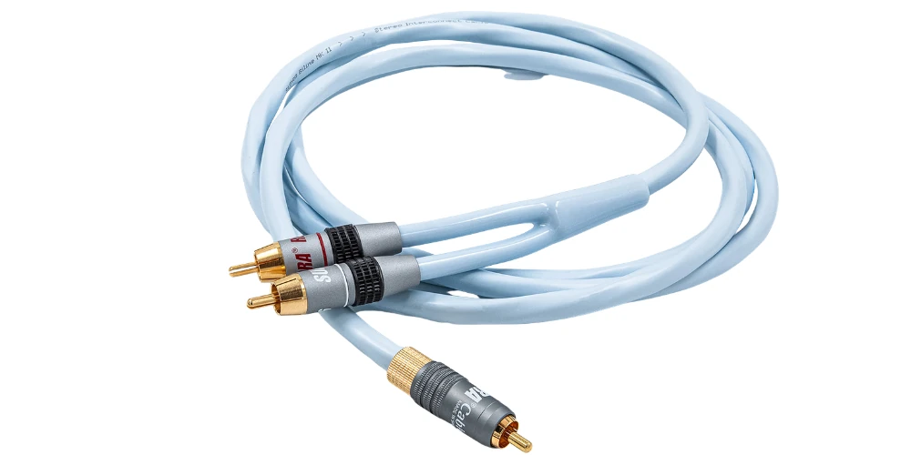 Câble Supra Y-Link 1RCA-2RCA enroulé, connecteur simple doré d'un côté, deux connecteurs RCA-6 dorés de l'autre côté.