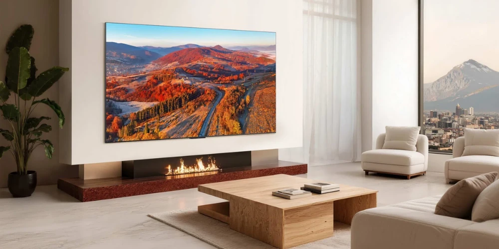 TCL 85C8L au mur d'un salon lumineux affichant un paysage automnal en 4K au-dessus d'une cheminée