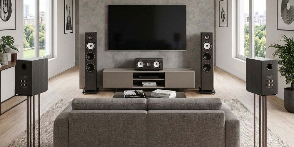 Pack Triangle Solstice S8, C3 et S3 installé dans un salon home cinéma, finition sombre
