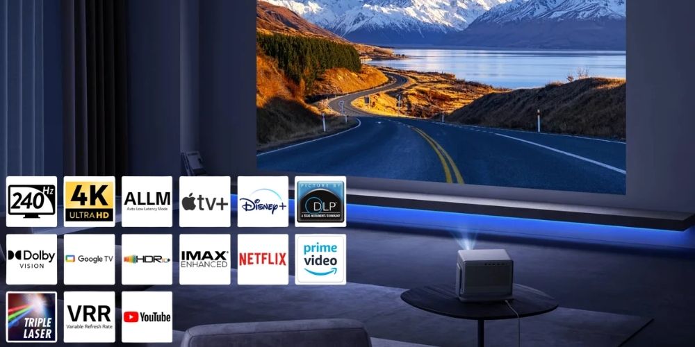 Xgimi Horizon 20 en salon avec image 4K grand format et logos des certifications compatibles : Dolby Vision, IMAX Enhanced, HDR10+, Google TV, Triple laser RGB, VRR, ALLM, Netflix, Disney+, Apple TV+ et Prime Video