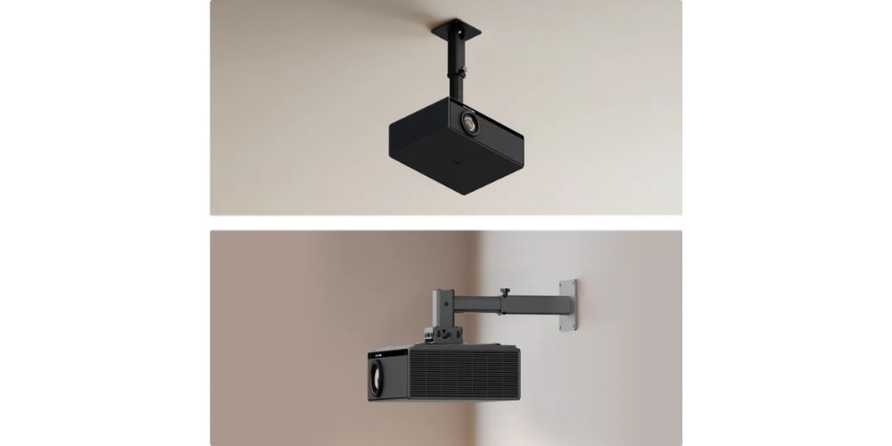 Xgimi Fixation Plafond Titan illustrant les deux modes de montage disponibles, installation au plafond en haut et installation murale avec bras en ba