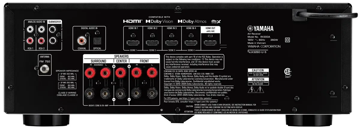 Face arrière du Yamaha RX500A avec entrées HDMI, réseau Ethernet et sept borniers d'enceintes