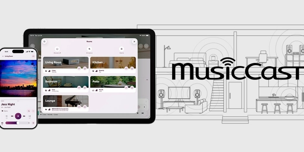 Application MusicCast du Yamaha WXA-70A affichant plusieurs pièces synchronisées, sur smartphone et tablette.
